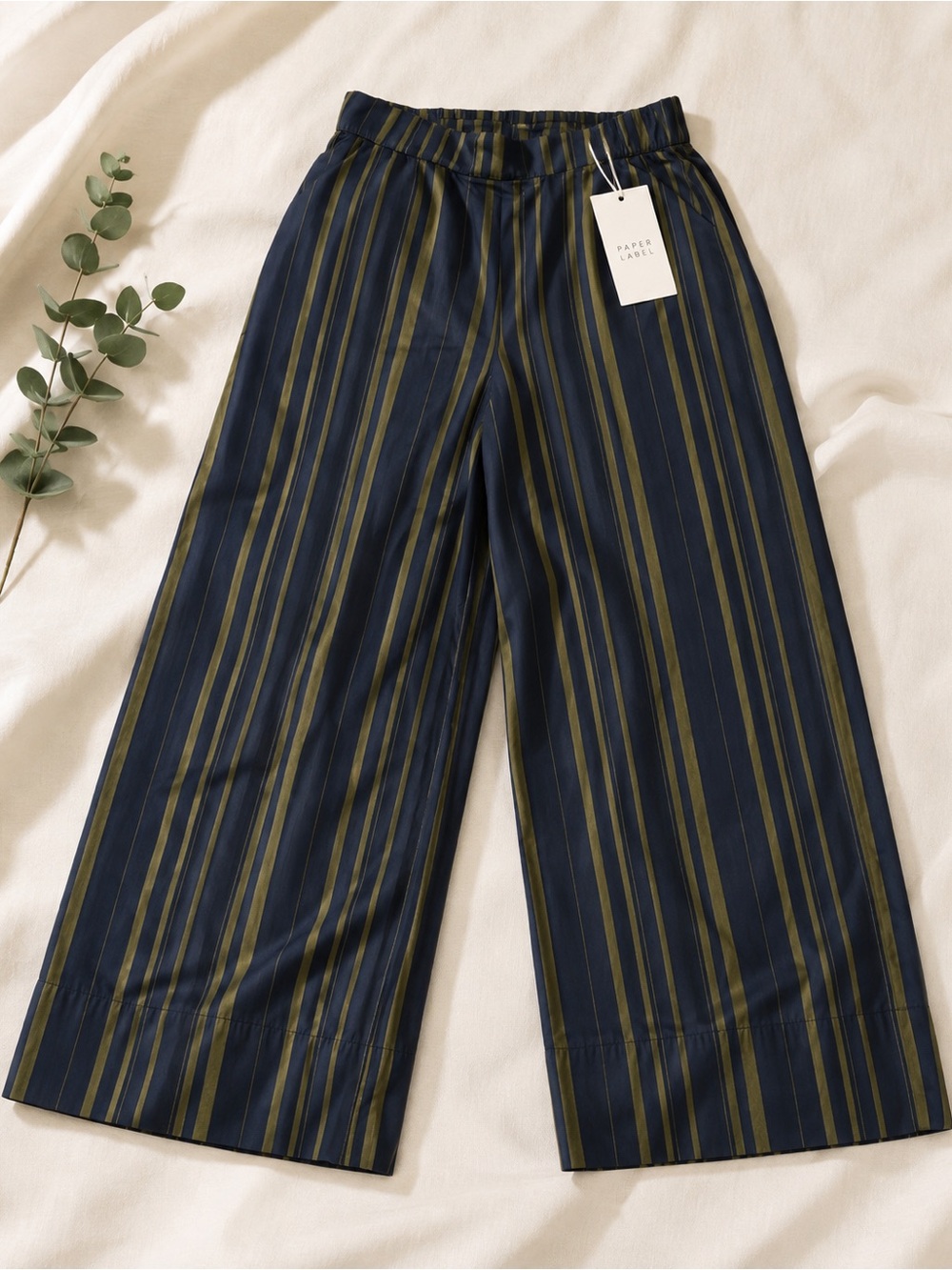 Wide-Leg Striped Pants in Navy & Olive - Paper Label
